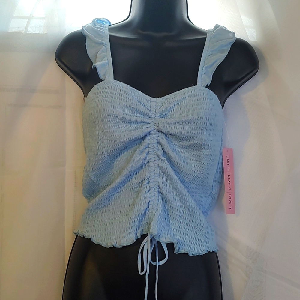 CRAVE FAME Breeze Blue Smocking drawstring front crop top